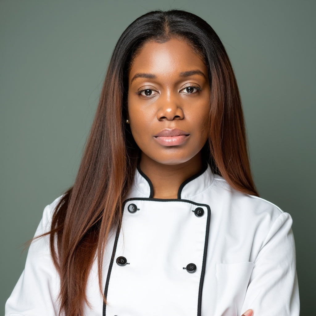 Woman wearing a white chef's coat against a gray background